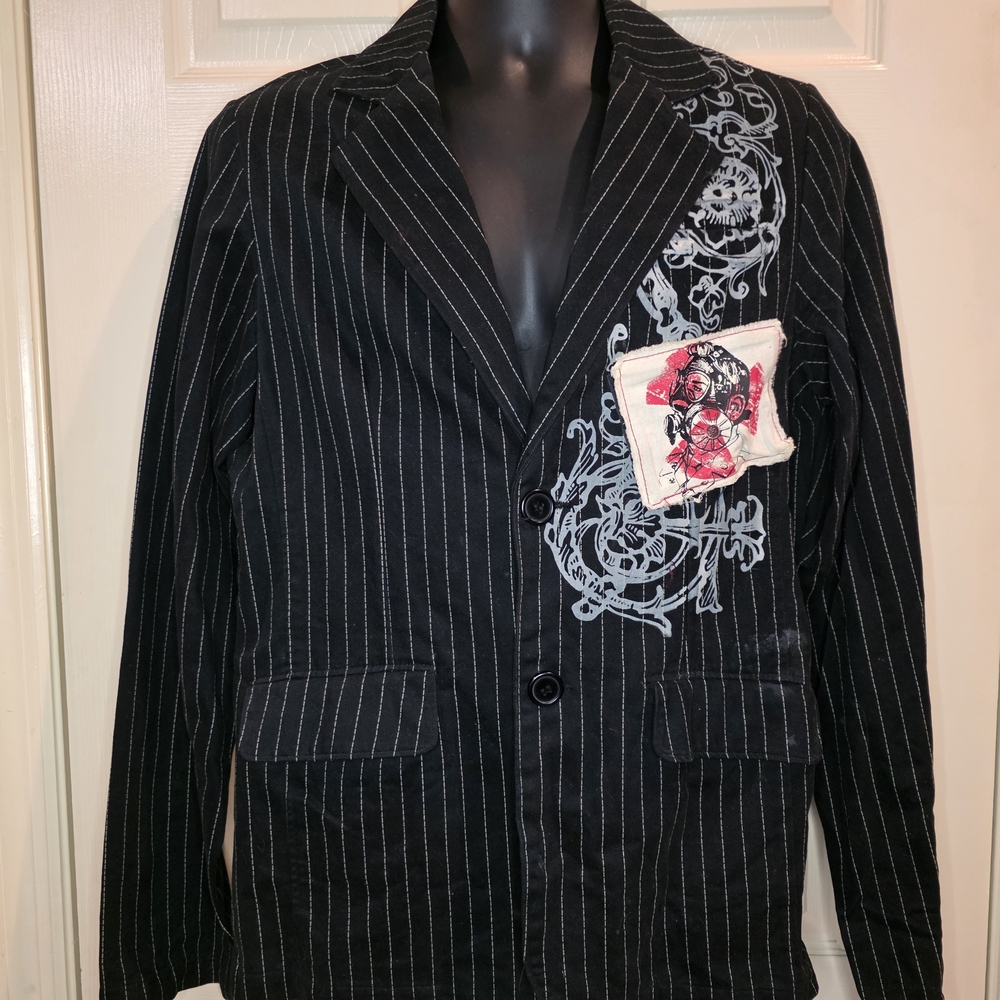 Our Silent Procession Pinstripe Blazer Jacket With Skull Graphic Size Medium